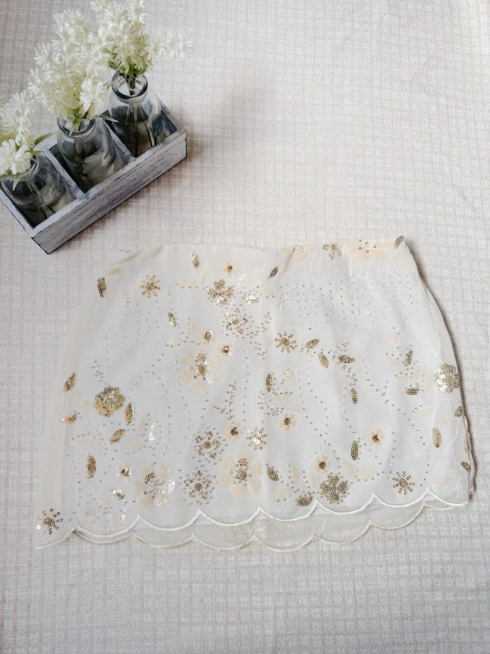 THIRTY/THIRTY Ivory Floral Beaded Sequin Mini Skirt Size S